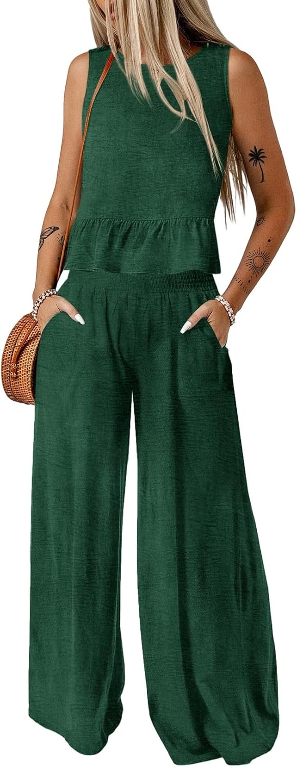 🔥🔥🔥49.98% OFF NOW! ✨Pants Sets Women 2 Piece Outfits Sleeveless Round Neck Tank Tops Matching Sets for Women Elastic Waist Wide Leg