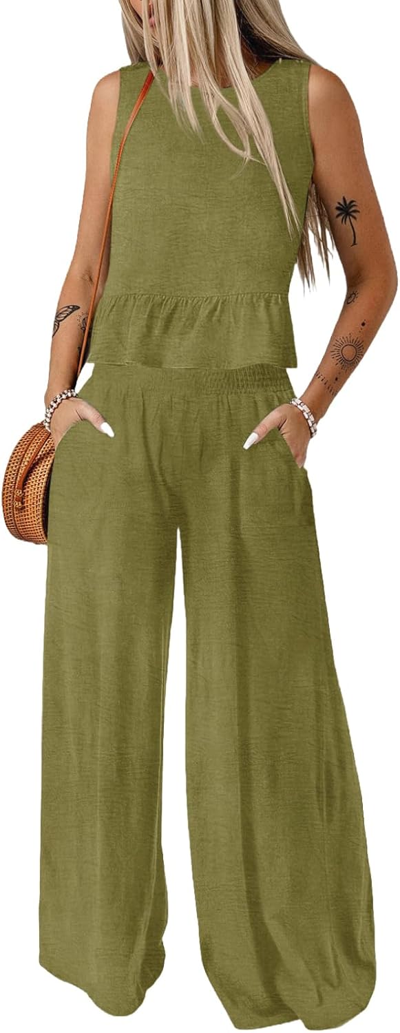 🔥🔥🔥49.98% OFF NOW! ✨Pants Sets Women 2 Piece Outfits Sleeveless Round Neck Tank Tops Matching Sets for Women Elastic Waist Wide Leg