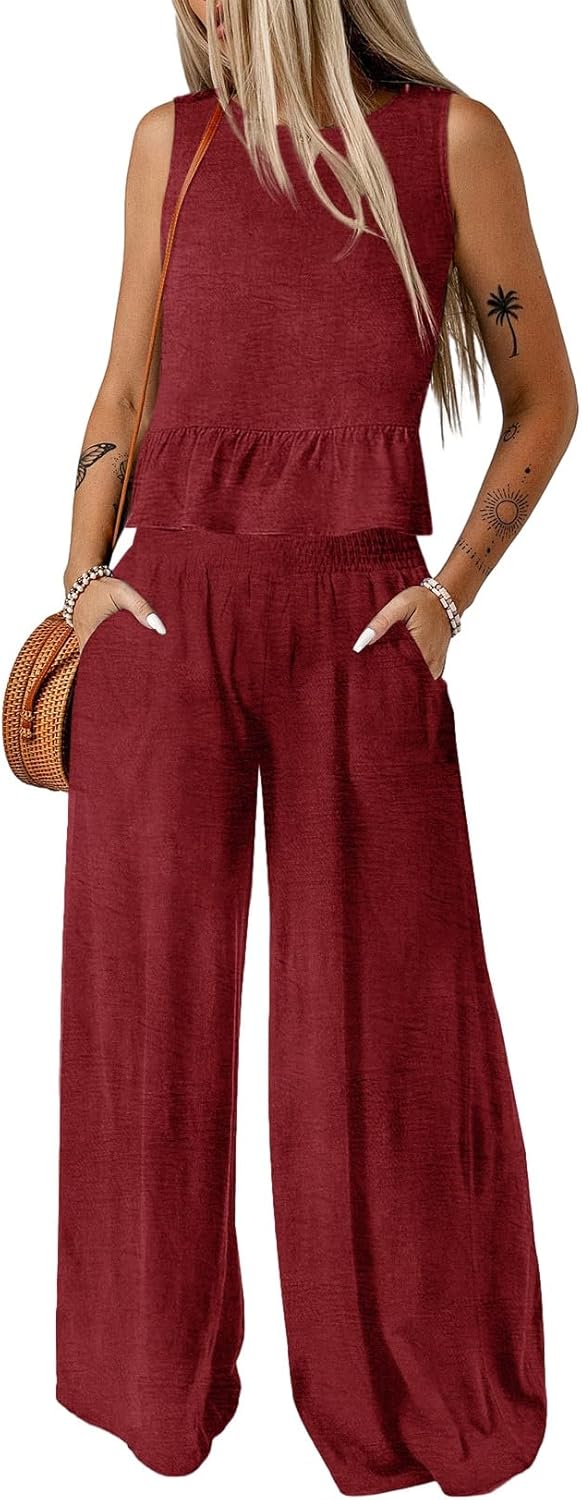 🔥🔥🔥49.98% OFF NOW! ✨Pants Sets Women 2 Piece Outfits Sleeveless Round Neck Tank Tops Matching Sets for Women Elastic Waist Wide Leg