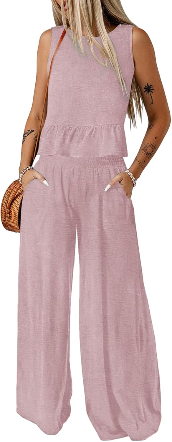 🔥🔥🔥49.98% OFF NOW! ✨Pants Sets Women 2 Piece Outfits Sleeveless Round Neck Tank Tops Matching Sets for Women Elastic Waist Wide Leg