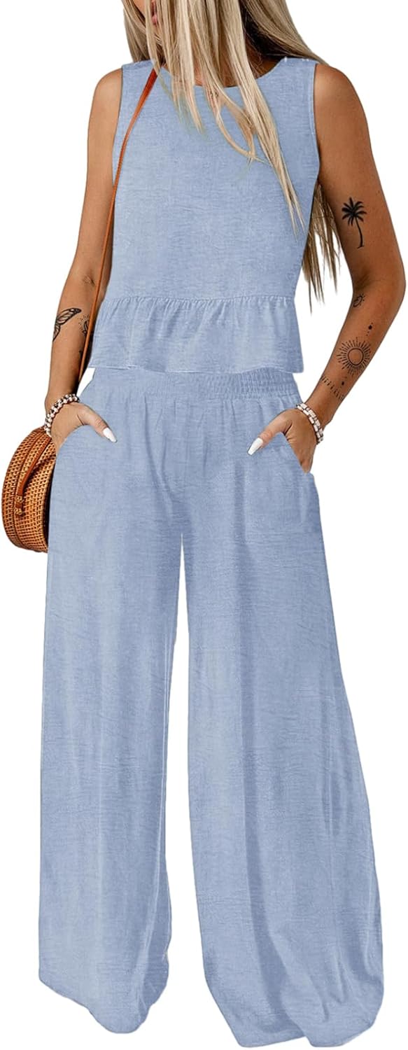 🔥🔥🔥49.98% OFF NOW! ✨Pants Sets Women 2 Piece Outfits Sleeveless Round Neck Tank Tops Matching Sets for Women Elastic Waist Wide Leg