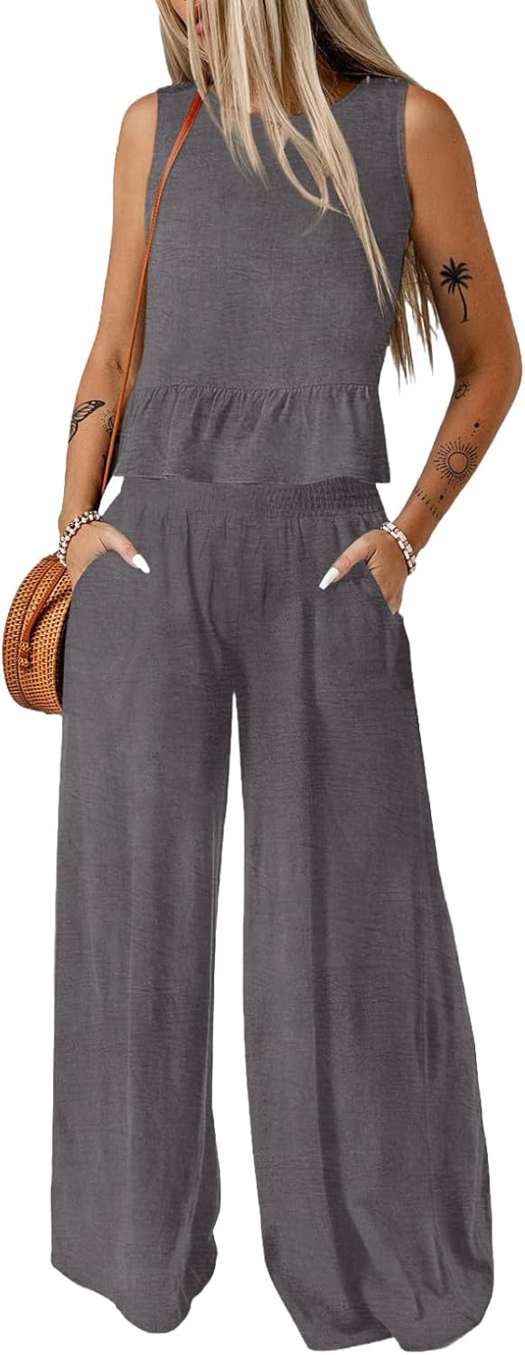 🔥🔥🔥49.98% OFF NOW! ✨Pants Sets Women 2 Piece Outfits Sleeveless Round Neck Tank Tops Matching Sets for Women Elastic Waist Wide Leg