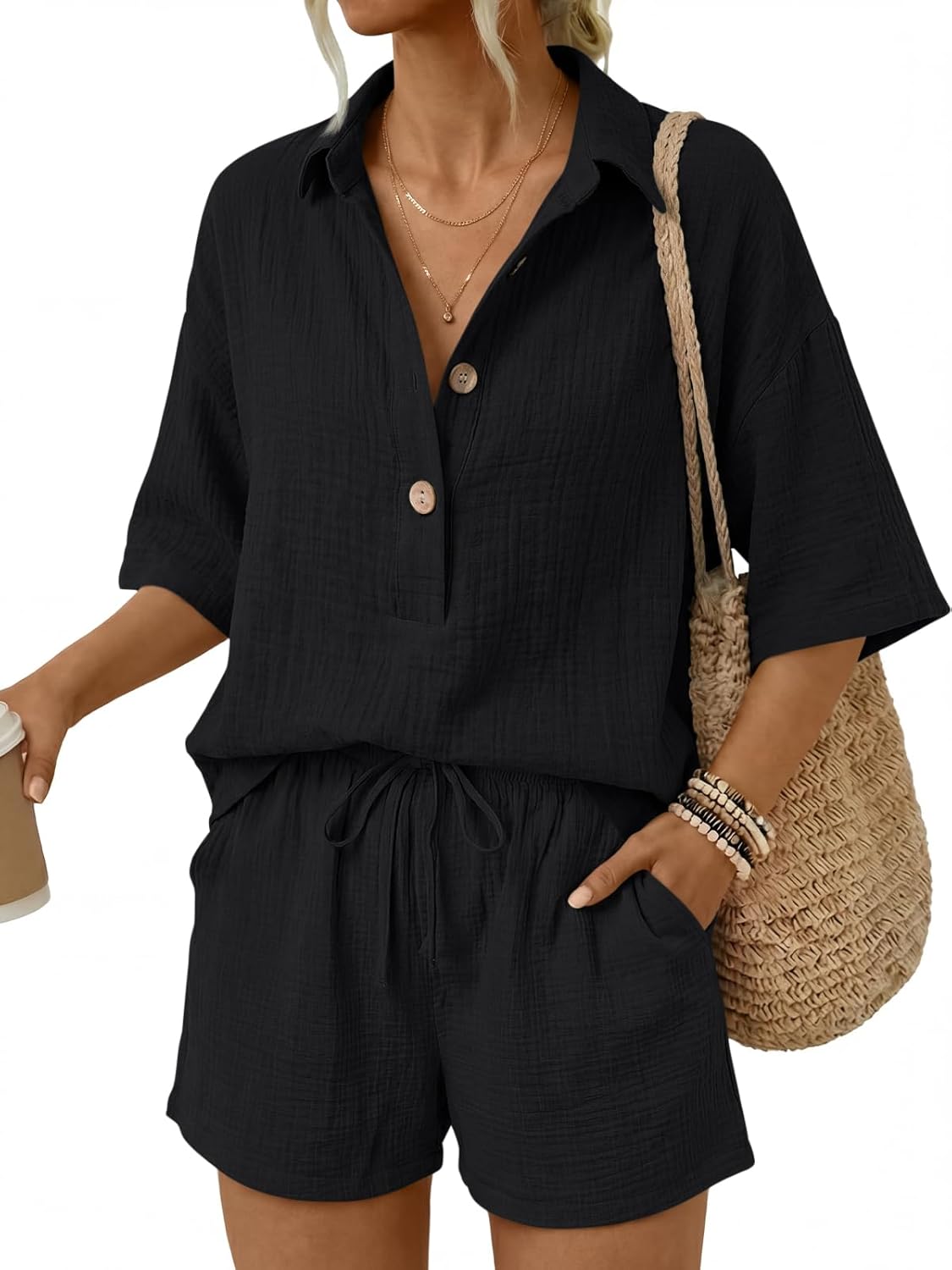🔥🔥Time-Limited Special Price: $46.99!!⏰Women 2 Piece Linen Short Sets 2026 Summer Vacation V Neck Short Sleeve Beach Outfits Oversized Button Cotton Pjs