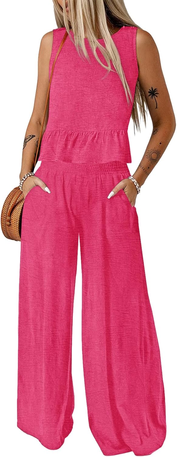 🔥🔥🔥49.98% OFF NOW! ✨Pants Sets Women 2 Piece Outfits Sleeveless Round Neck Tank Tops Matching Sets for Women Elastic Waist Wide Leg