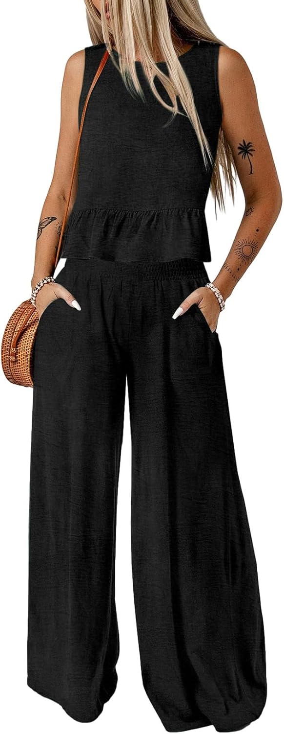 🔥🔥🔥49.98% OFF NOW! ✨Pants Sets Women 2 Piece Outfits Sleeveless Round Neck Tank Tops Matching Sets for Women Elastic Waist Wide Leg