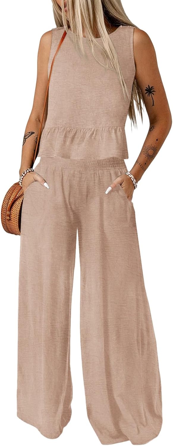 🔥🔥🔥49.98% OFF NOW! ✨Pants Sets Women 2 Piece Outfits Sleeveless Round Neck Tank Tops Matching Sets for Women Elastic Waist Wide Leg