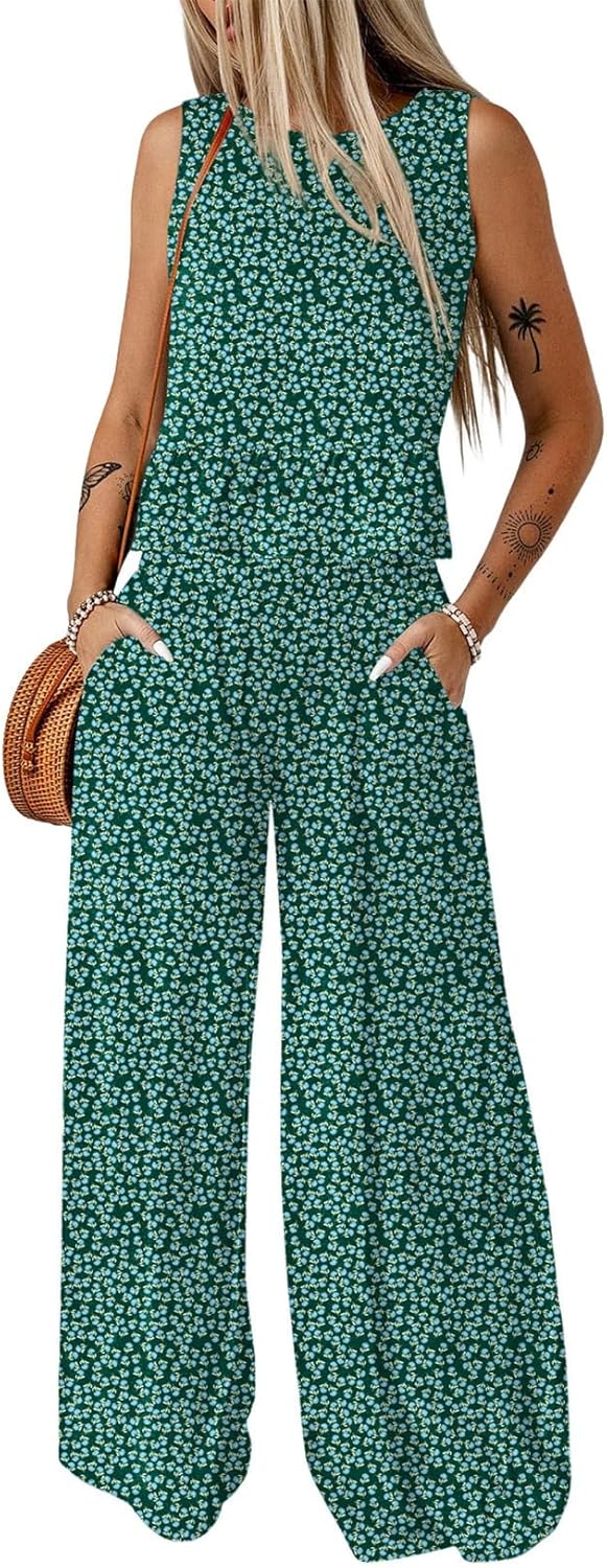 🔥🔥🔥49.98% OFF NOW! ✨Pants Sets Women 2 Piece Outfits Sleeveless Round Neck Tank Tops Matching Sets for Women Elastic Waist Wide Leg
