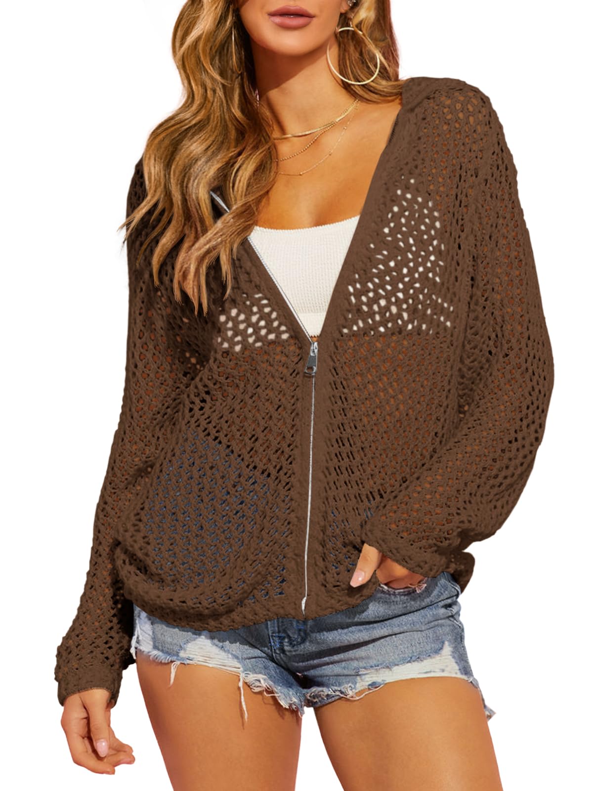 🔥🔥🔥Hot Sale 36% OFF2026 Womens Crochet Lightweight Cardigans Zip Up Hooded Cover Up
