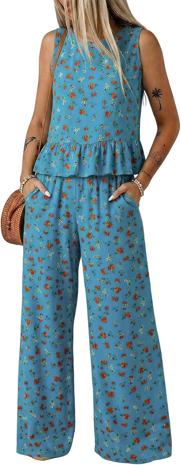 🔥🔥🔥49.98% OFF NOW! ✨Pants Sets Women 2 Piece Outfits Sleeveless Round Neck Tank Tops Matching Sets for Women Elastic Waist Wide Leg