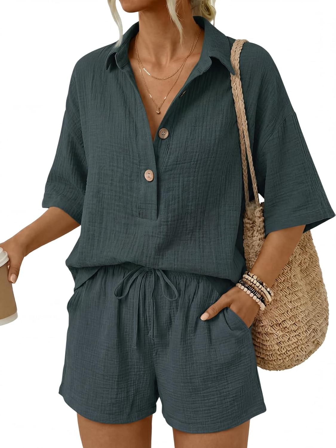 🔥🔥Time-Limited Special Price: $46.99!!⏰Women 2 Piece Linen Short Sets 2026 Summer Vacation V Neck Short Sleeve Beach Outfits Oversized Button Cotton Pjs