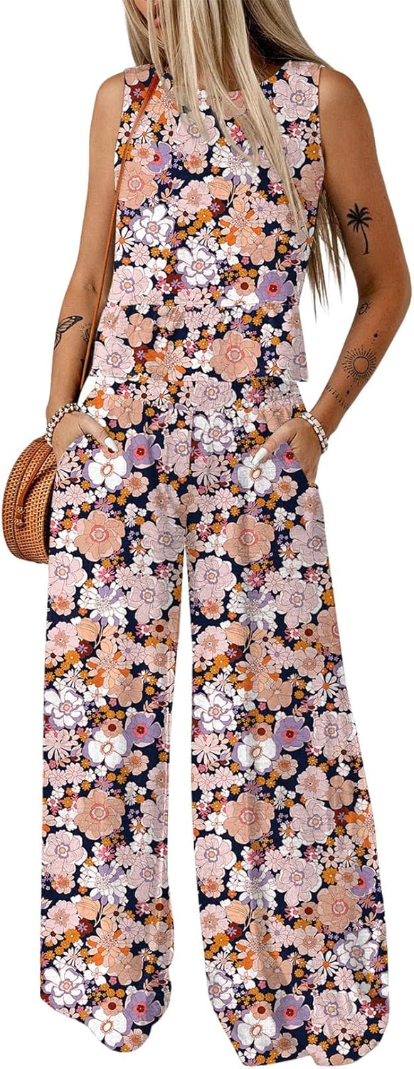 🔥🔥🔥49.98% OFF NOW! ✨Pants Sets Women 2 Piece Outfits Sleeveless Round Neck Tank Tops Matching Sets for Women Elastic Waist Wide Leg