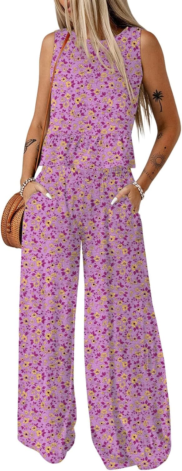 🔥🔥🔥49.98% OFF NOW! ✨Pants Sets Women 2 Piece Outfits Sleeveless Round Neck Tank Tops Matching Sets for Women Elastic Waist Wide Leg