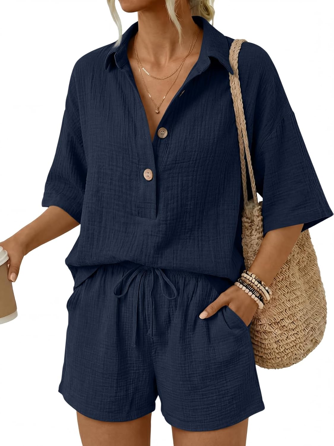 🔥🔥Time-Limited Special Price: $46.99!!⏰Women 2 Piece Linen Short Sets 2026 Summer Vacation V Neck Short Sleeve Beach Outfits Oversized Button Cotton Pjs