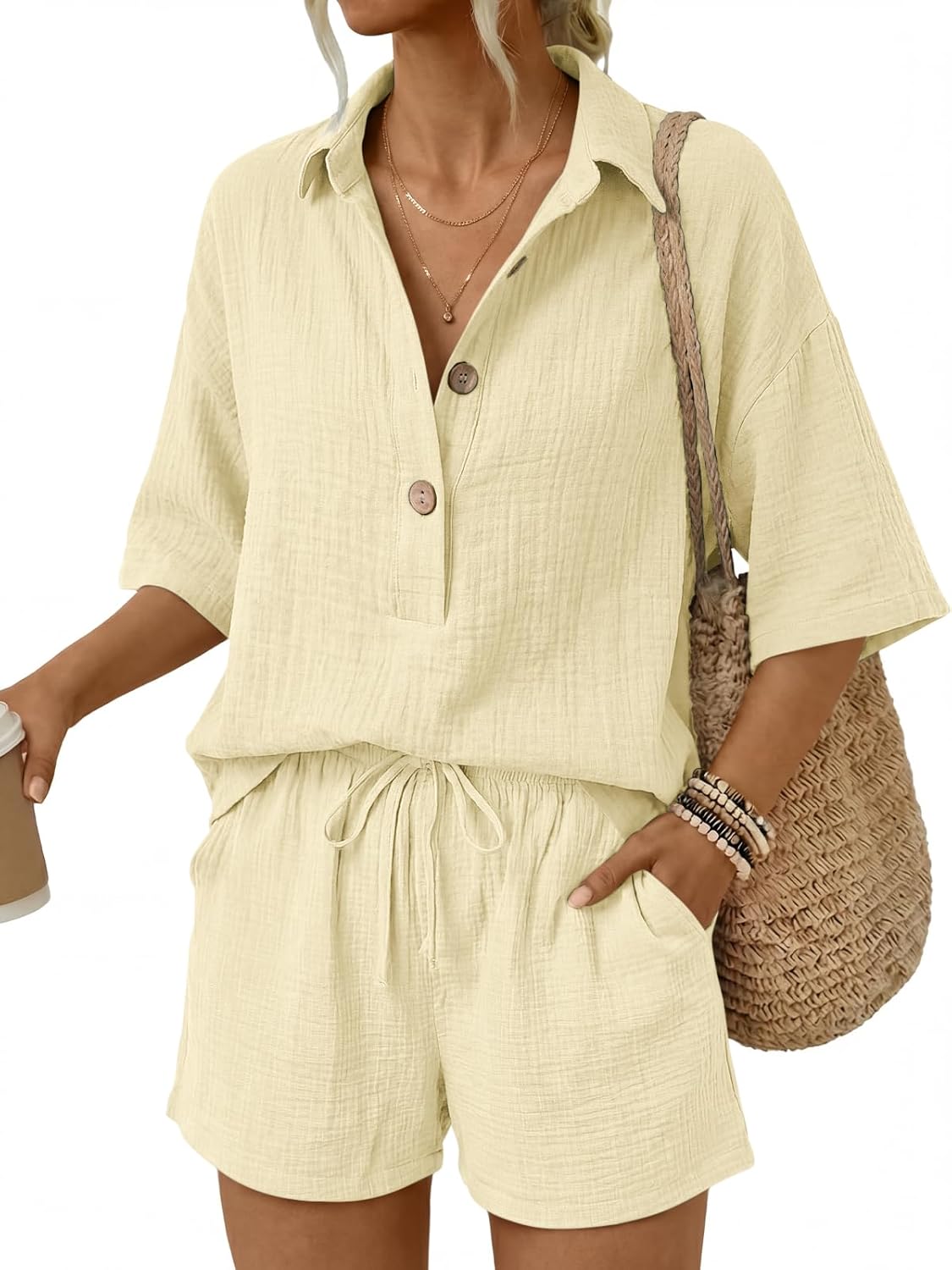 🔥🔥Time-Limited Special Price: $46.99!!⏰Women 2 Piece Linen Short Sets 2026 Summer Vacation V Neck Short Sleeve Beach Outfits Oversized Button Cotton Pjs