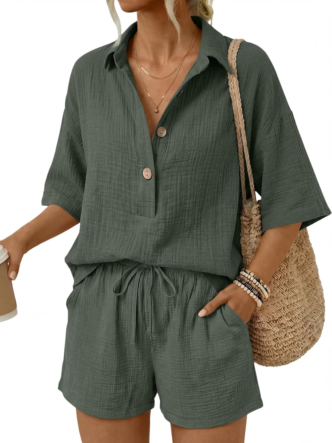 🔥🔥Time-Limited Special Price: $46.99!!⏰Women 2 Piece Linen Short Sets 2026 Summer Vacation V Neck Short Sleeve Beach Outfits Oversized Button Cotton Pjs