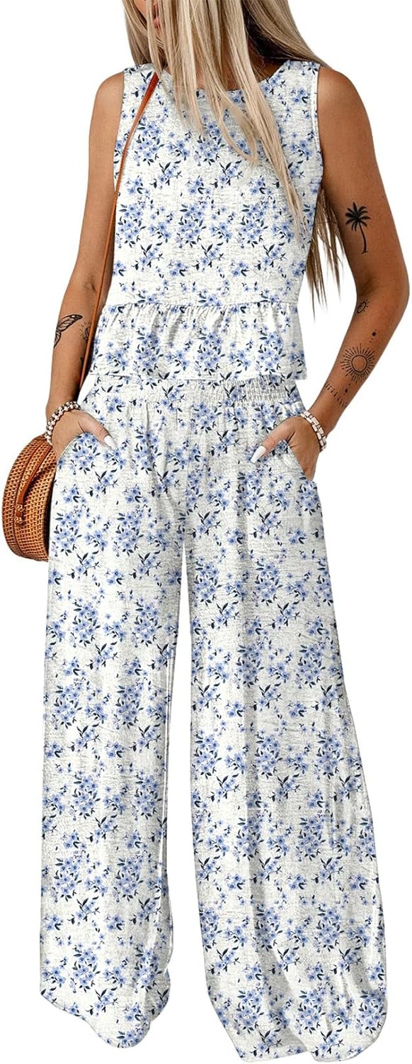 🔥🔥🔥49.98% OFF NOW! ✨Pants Sets Women 2 Piece Outfits Sleeveless Round Neck Tank Tops Matching Sets for Women Elastic Waist Wide Leg