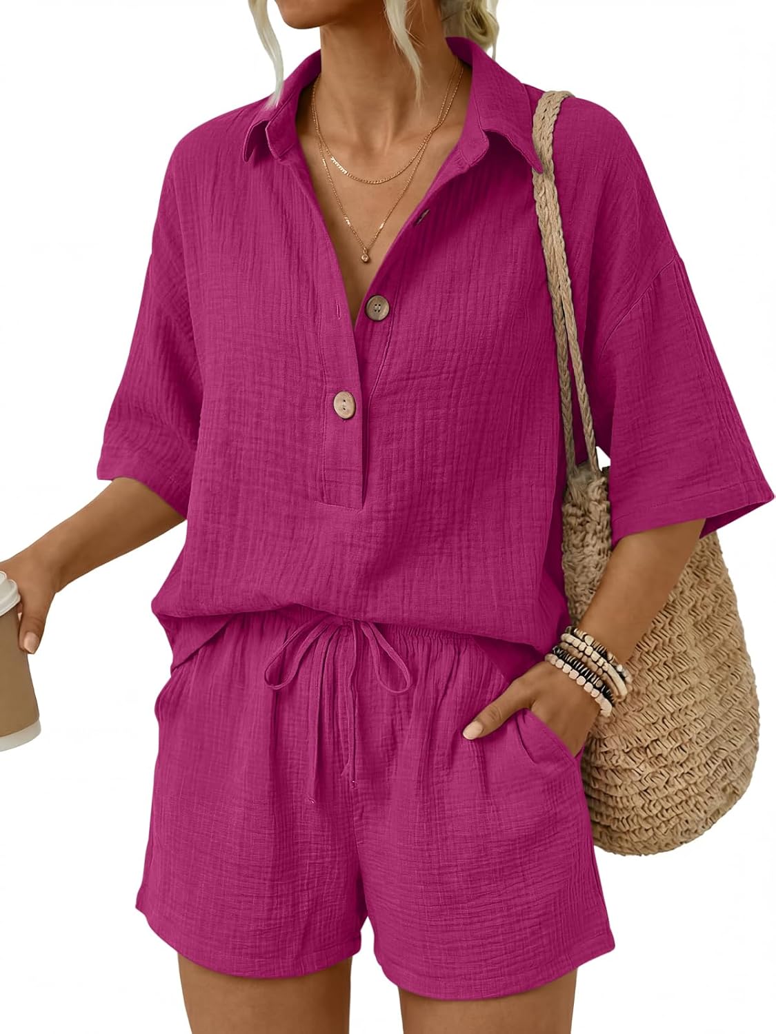 🔥🔥Time-Limited Special Price: $46.99!!⏰Women 2 Piece Linen Short Sets 2026 Summer Vacation V Neck Short Sleeve Beach Outfits Oversized Button Cotton Pjs