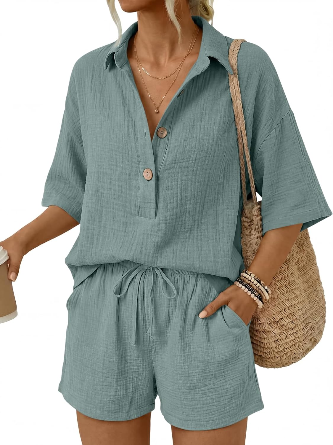 🔥🔥Time-Limited Special Price: $46.99!!⏰Women 2 Piece Linen Short Sets 2026 Summer Vacation V Neck Short Sleeve Beach Outfits Oversized Button Cotton Pjs