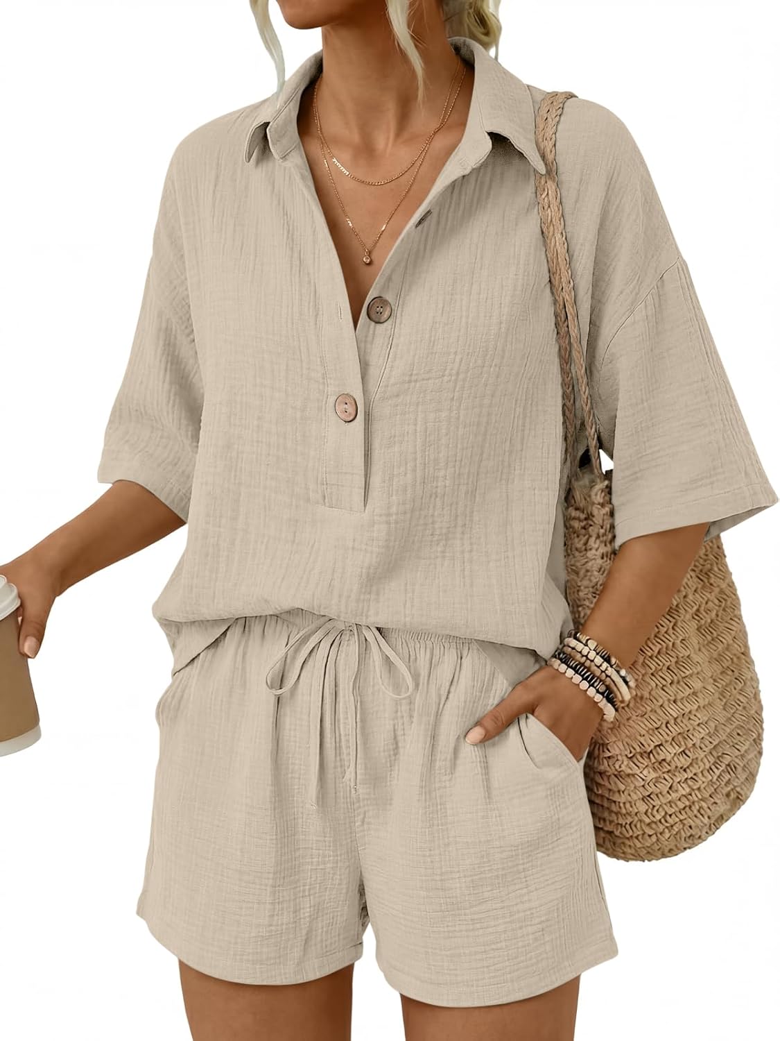 🔥🔥Time-Limited Special Price: $46.99!!⏰Women 2 Piece Linen Short Sets 2026 Summer Vacation V Neck Short Sleeve Beach Outfits Oversized Button Cotton Pjs