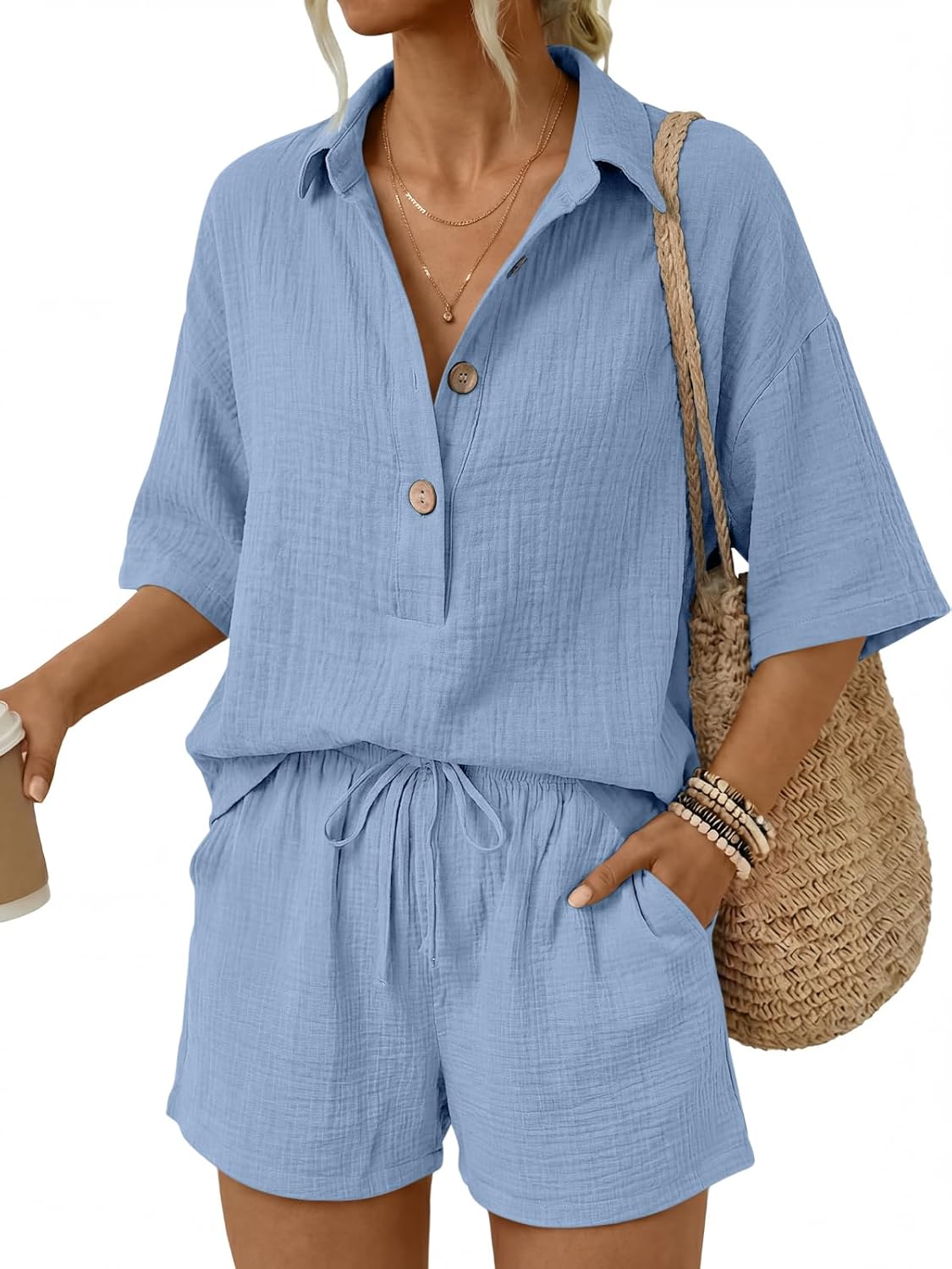 🔥🔥Time-Limited Special Price: $46.99!!⏰Women 2 Piece Linen Short Sets 2026 Summer Vacation V Neck Short Sleeve Beach Outfits Oversized Button Cotton Pjs