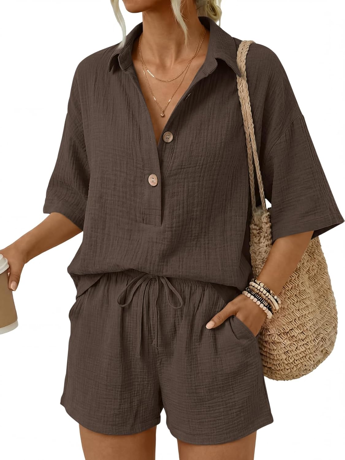 🔥🔥Time-Limited Special Price: $46.99!!⏰Women 2 Piece Linen Short Sets 2026 Summer Vacation V Neck Short Sleeve Beach Outfits Oversized Button Cotton Pjs