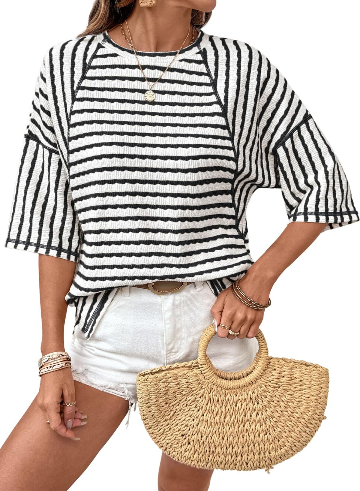 🔥🔥Womens Summer Tops Oversized Tshirts for Women Striped Color Block Short Sleeve T Shirts Crewneck Casual Tee Blouses