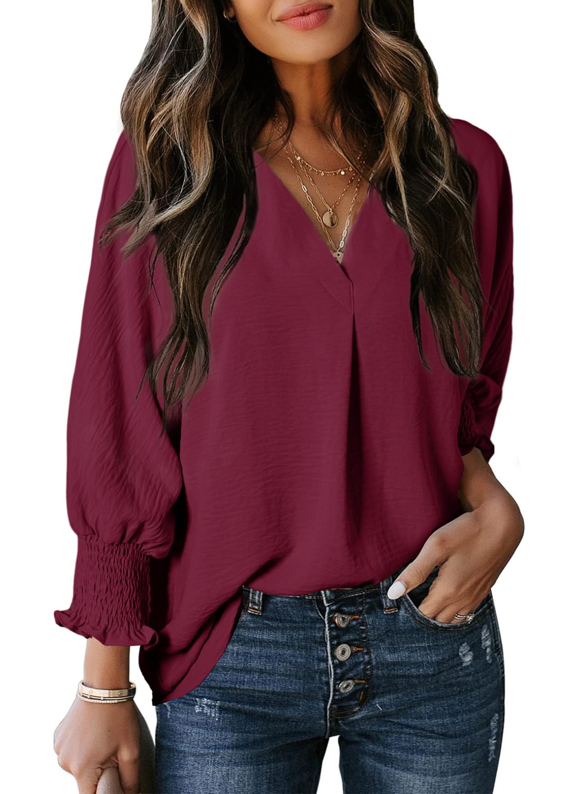 🔥🔥🔥Limited time sale Womens Casual 3/4 Sleeve V Neck Loose Fit Basic Tees