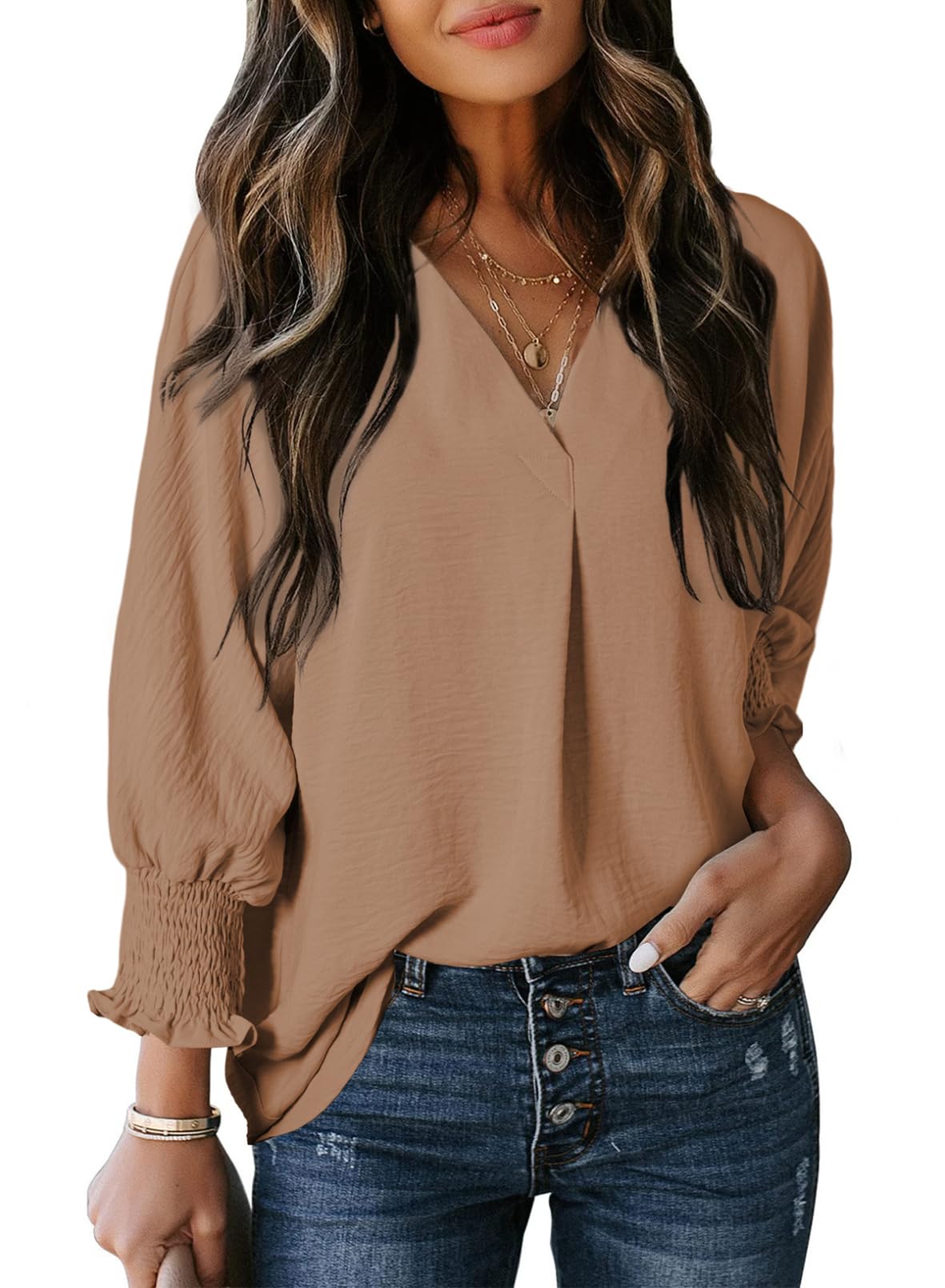 🔥🔥🔥Limited time sale Womens Casual 3/4 Sleeve V Neck Loose Fit Basic Tees