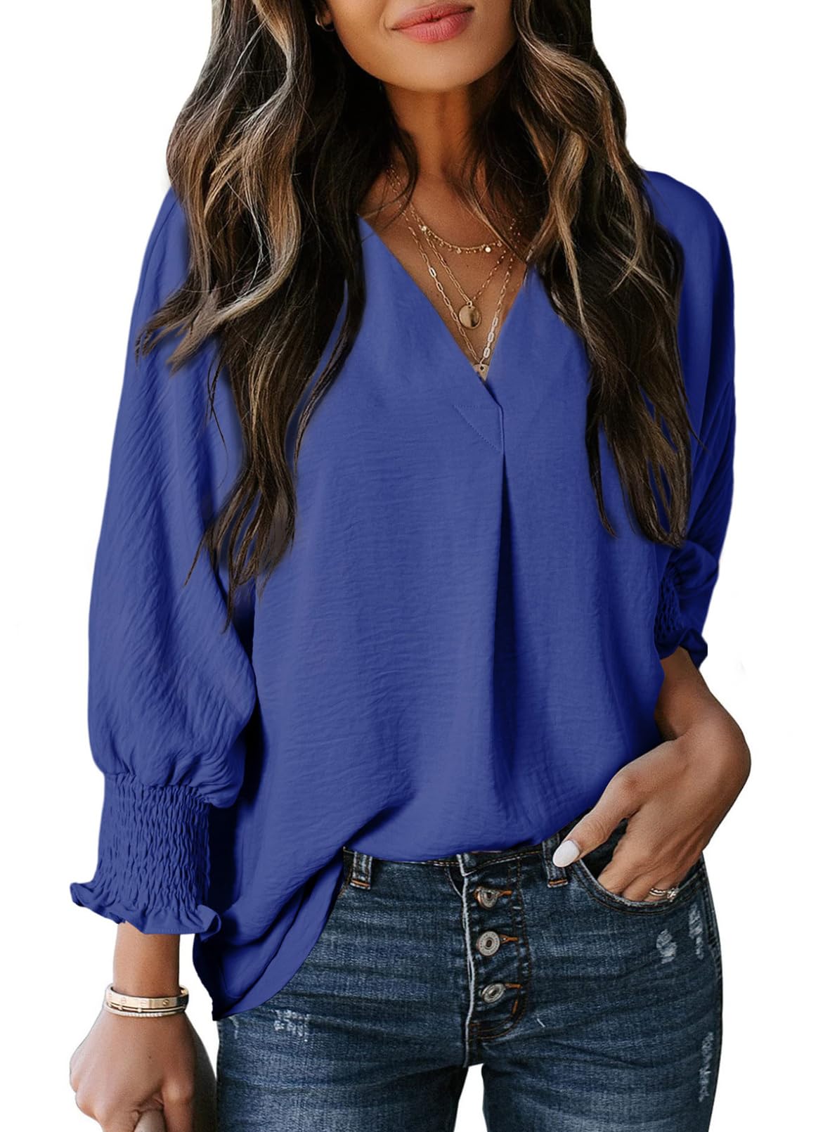 🔥🔥🔥Limited time sale Womens Casual 3/4 Sleeve V Neck Loose Fit Basic Tees