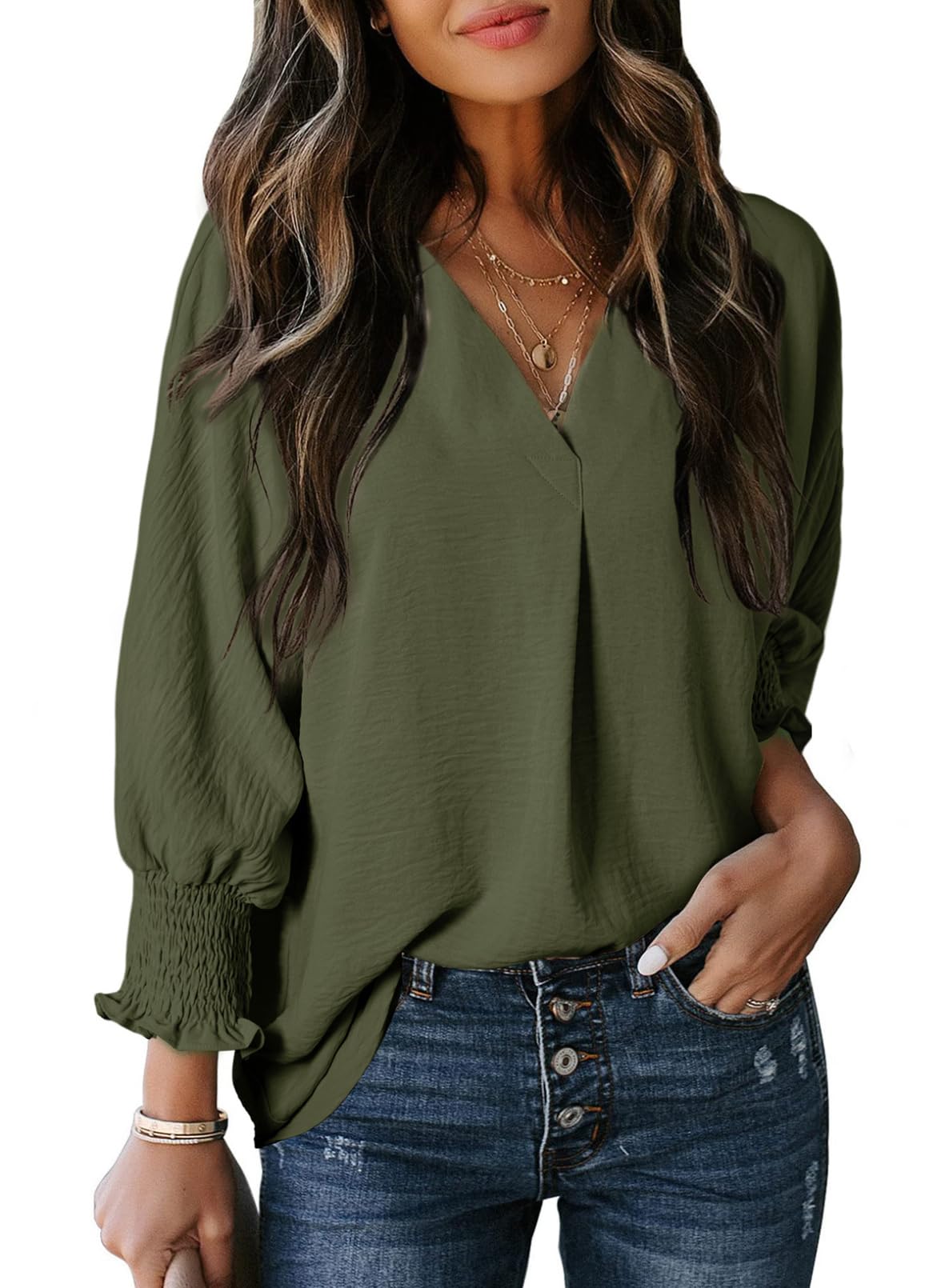 🔥🔥🔥Limited time sale Womens Casual 3/4 Sleeve V Neck Loose Fit Basic Tees
