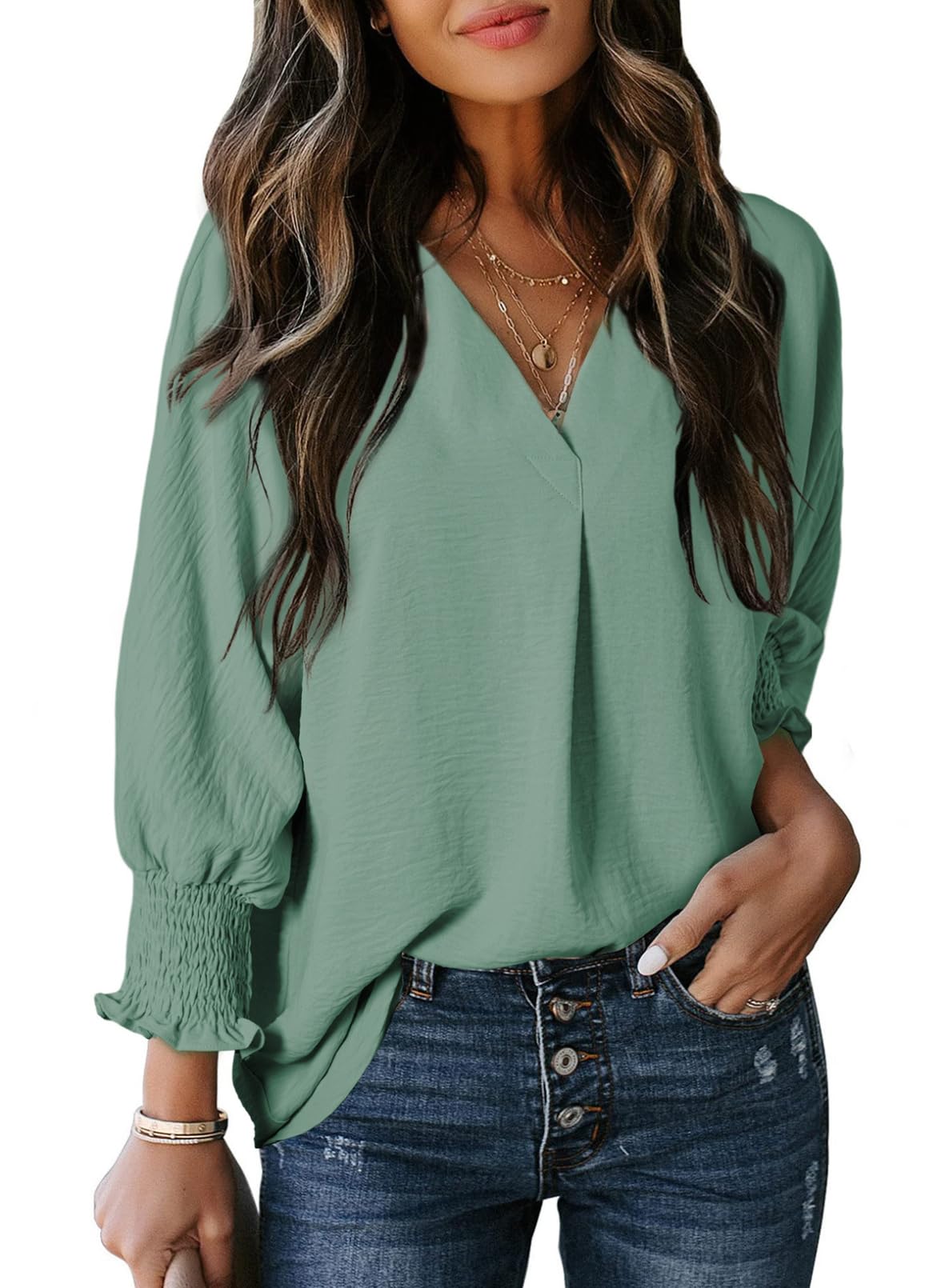 🔥🔥🔥Limited time sale Womens Casual 3/4 Sleeve V Neck Loose Fit Basic Tees