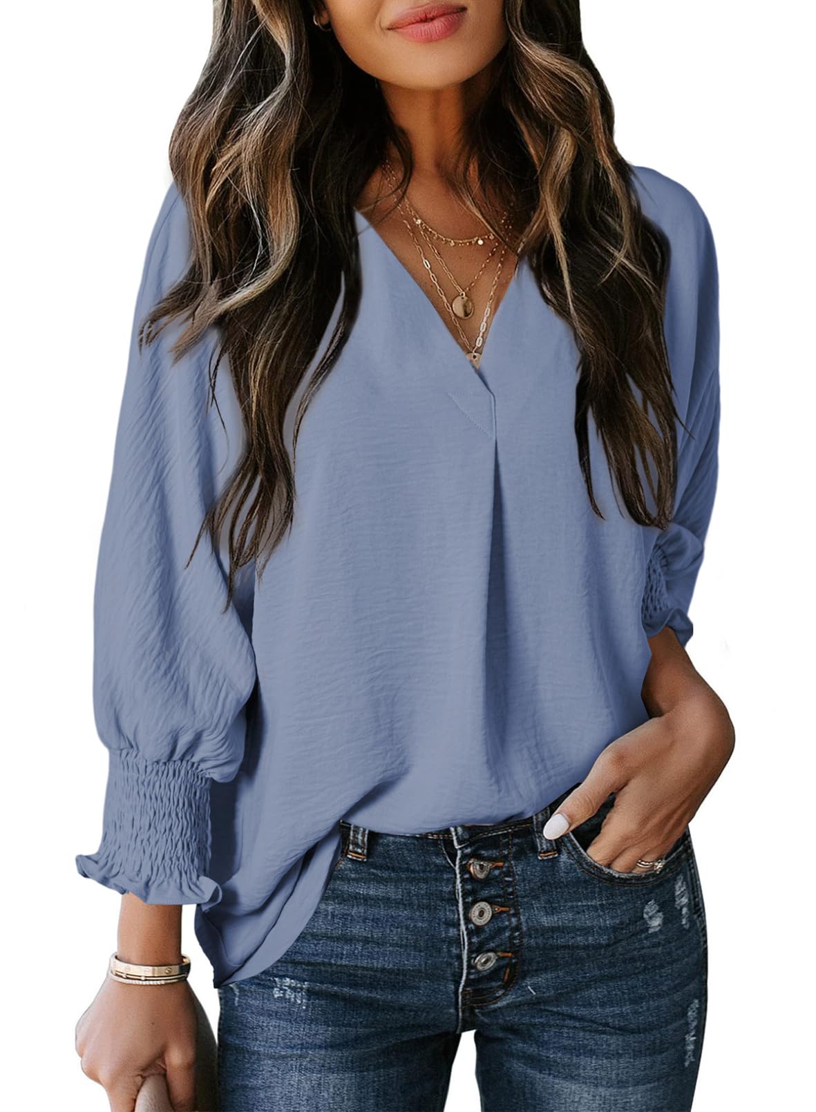 🔥🔥🔥Limited time sale Womens Casual 3/4 Sleeve V Neck Loose Fit Basic Tees