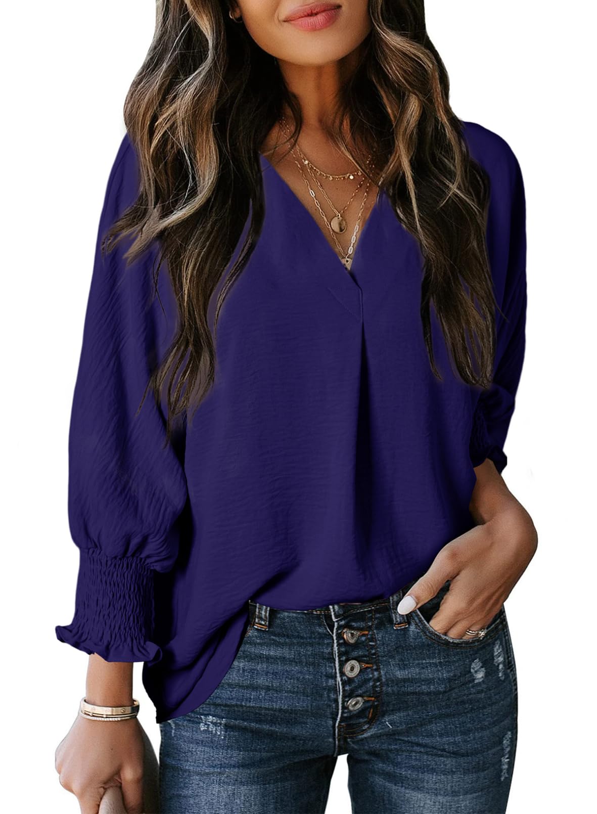 🔥🔥🔥Limited time sale Womens Casual 3/4 Sleeve V Neck Loose Fit Basic Tees