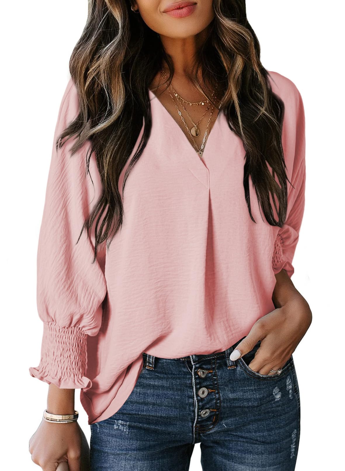 🔥🔥🔥Limited time sale Womens Casual 3/4 Sleeve V Neck Loose Fit Basic Tees