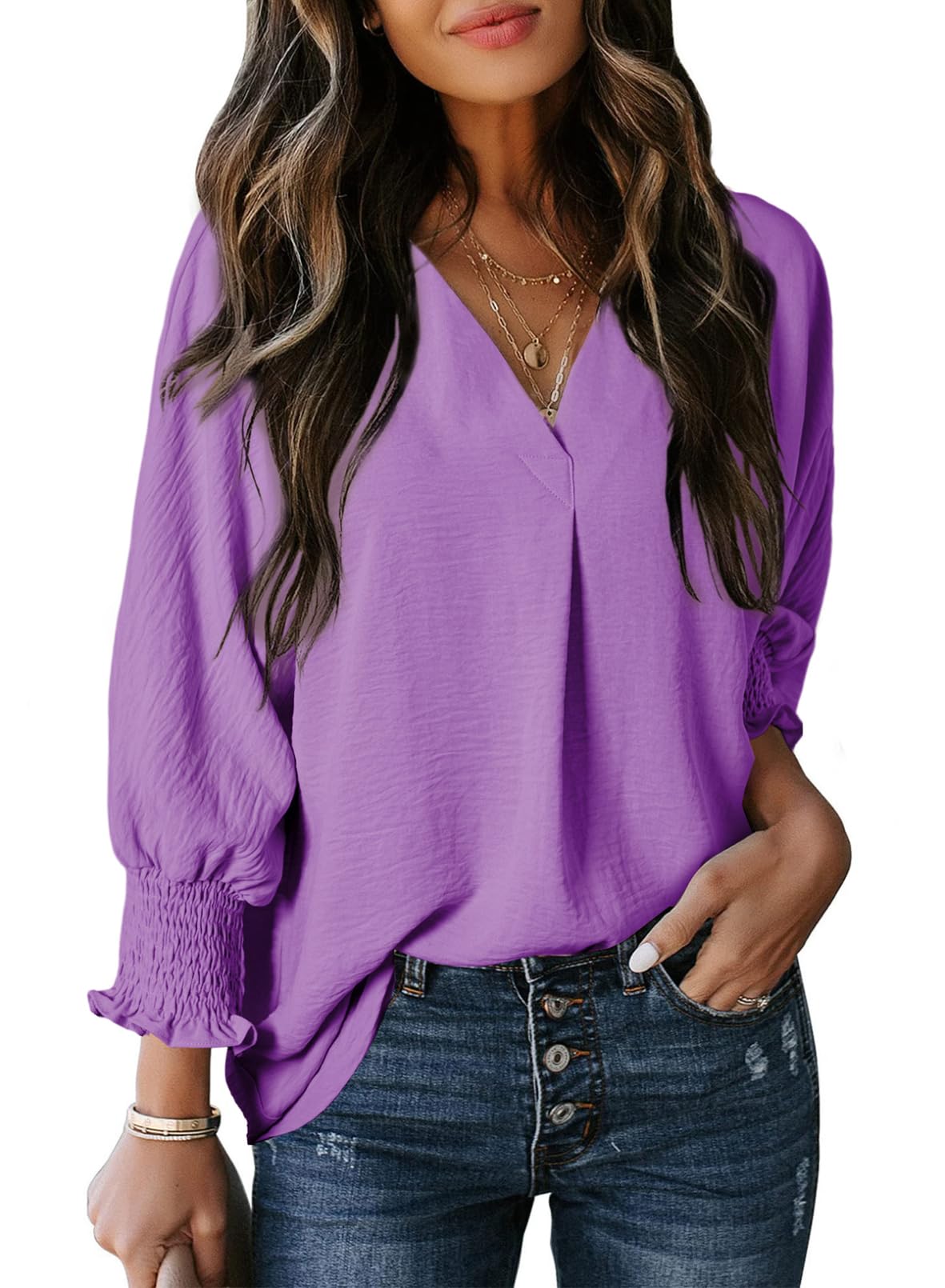 🔥🔥🔥Limited time sale Womens Casual 3/4 Sleeve V Neck Loose Fit Basic Tees