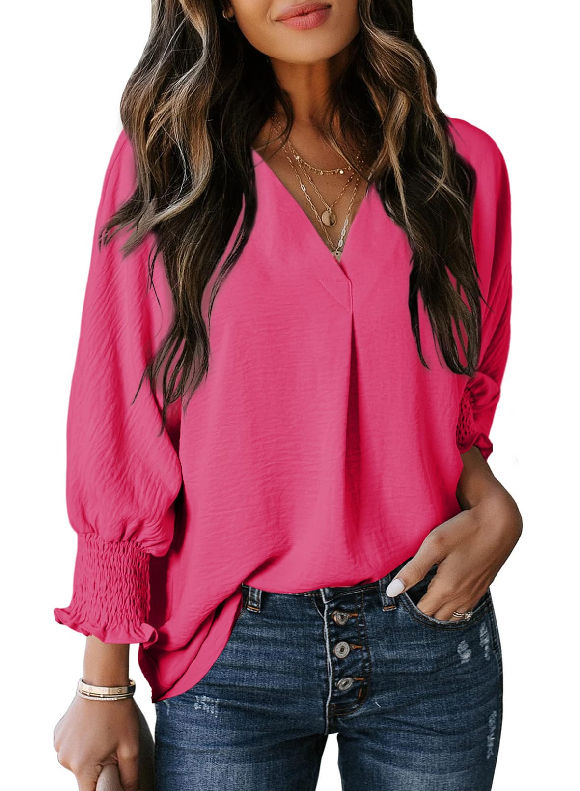 🔥🔥🔥Limited time sale Womens Casual 3/4 Sleeve V Neck Loose Fit Basic Tees