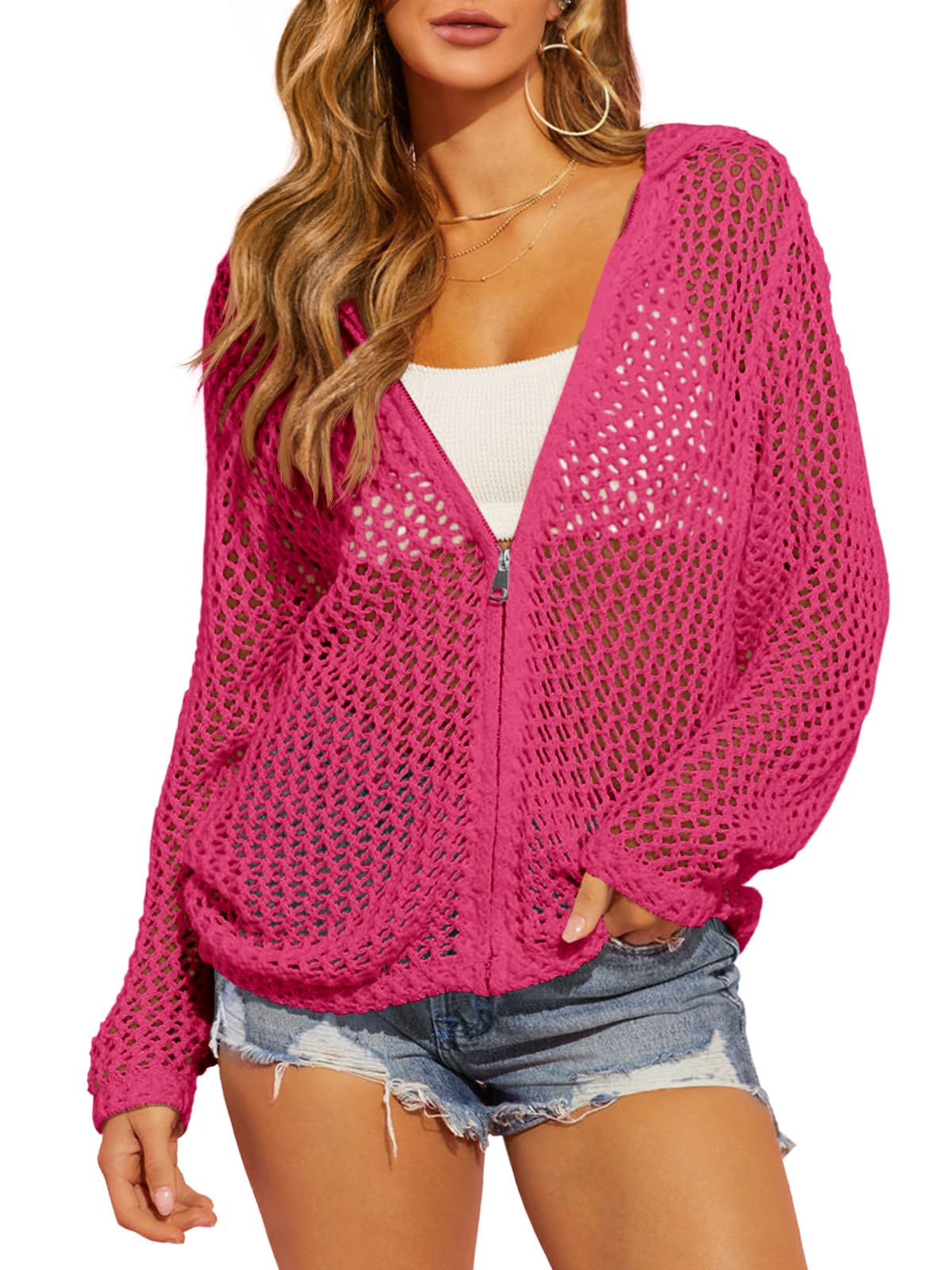 🔥🔥🔥Hot Sale 36% OFF2026 Womens Crochet Lightweight Cardigans Zip Up Hooded Cover Up
