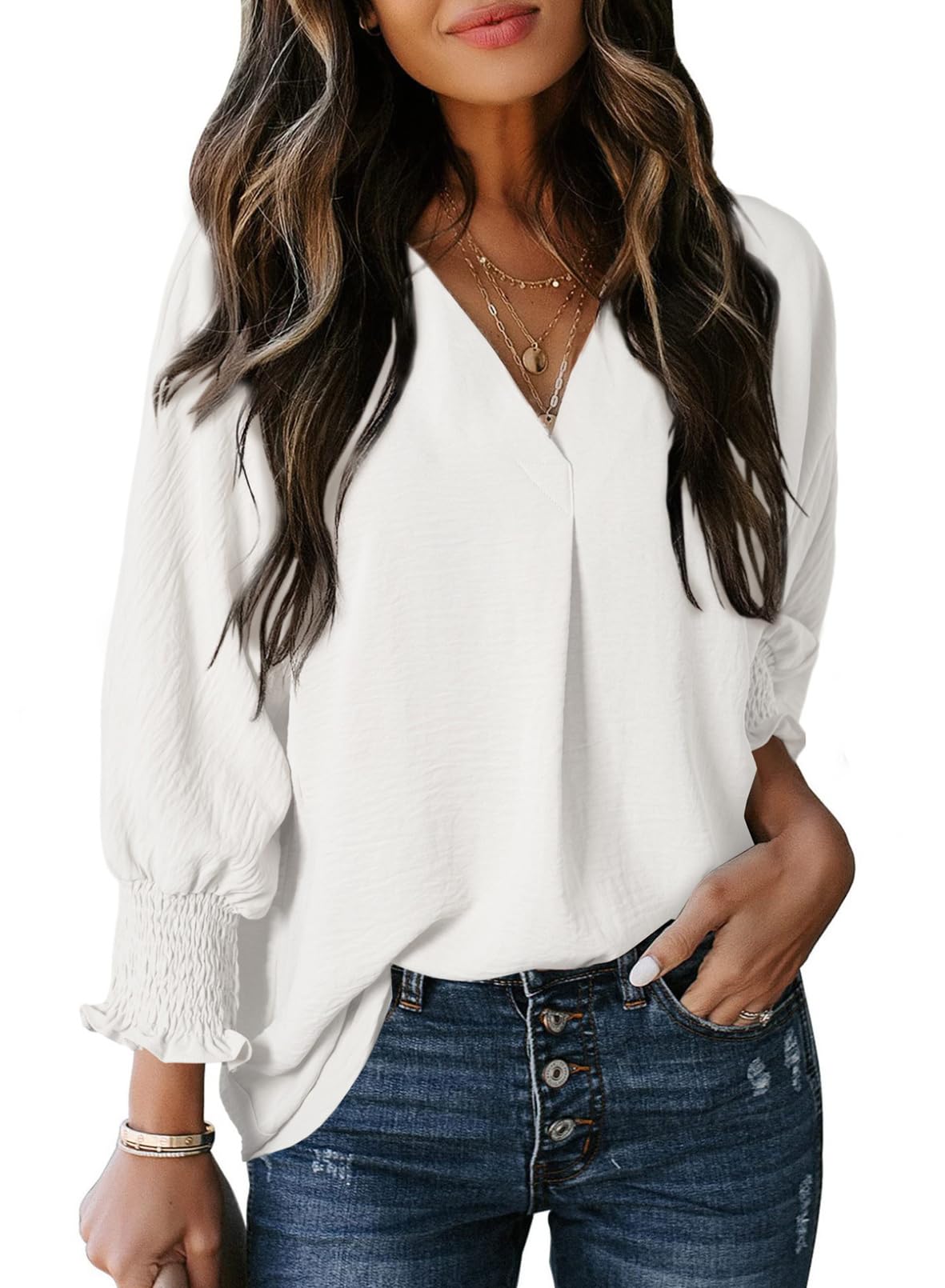 🔥🔥🔥Limited time sale Womens Casual 3/4 Sleeve V Neck Loose Fit Basic Tees