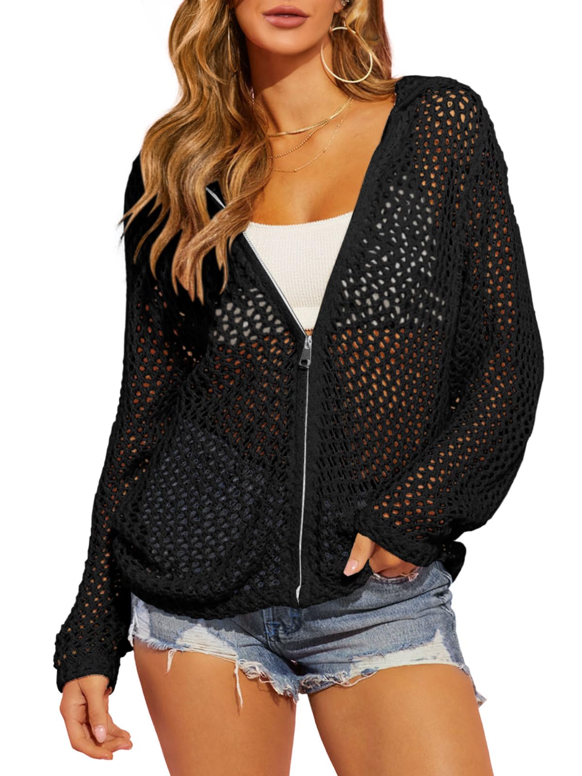 🔥🔥🔥Hot Sale 36% OFF2026 Womens Crochet Lightweight Cardigans Zip Up Hooded Cover Up