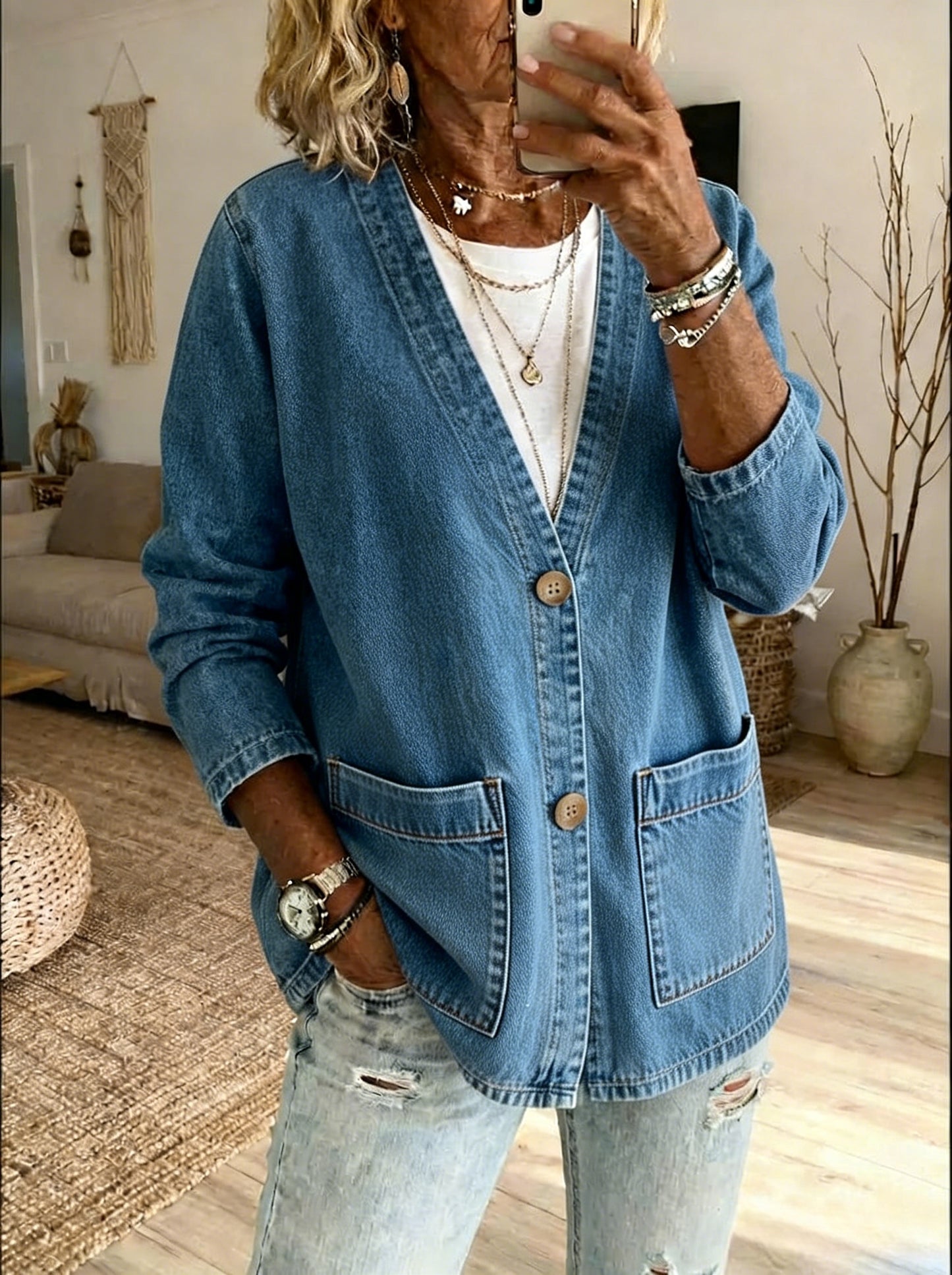 Women'S Classic Denim Jacket With Pocket Design