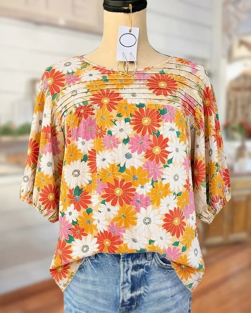 🔥🔥🔥Hot Sale 50% OFF Applique & Floral Print Pleated Detail Rocking Blouse