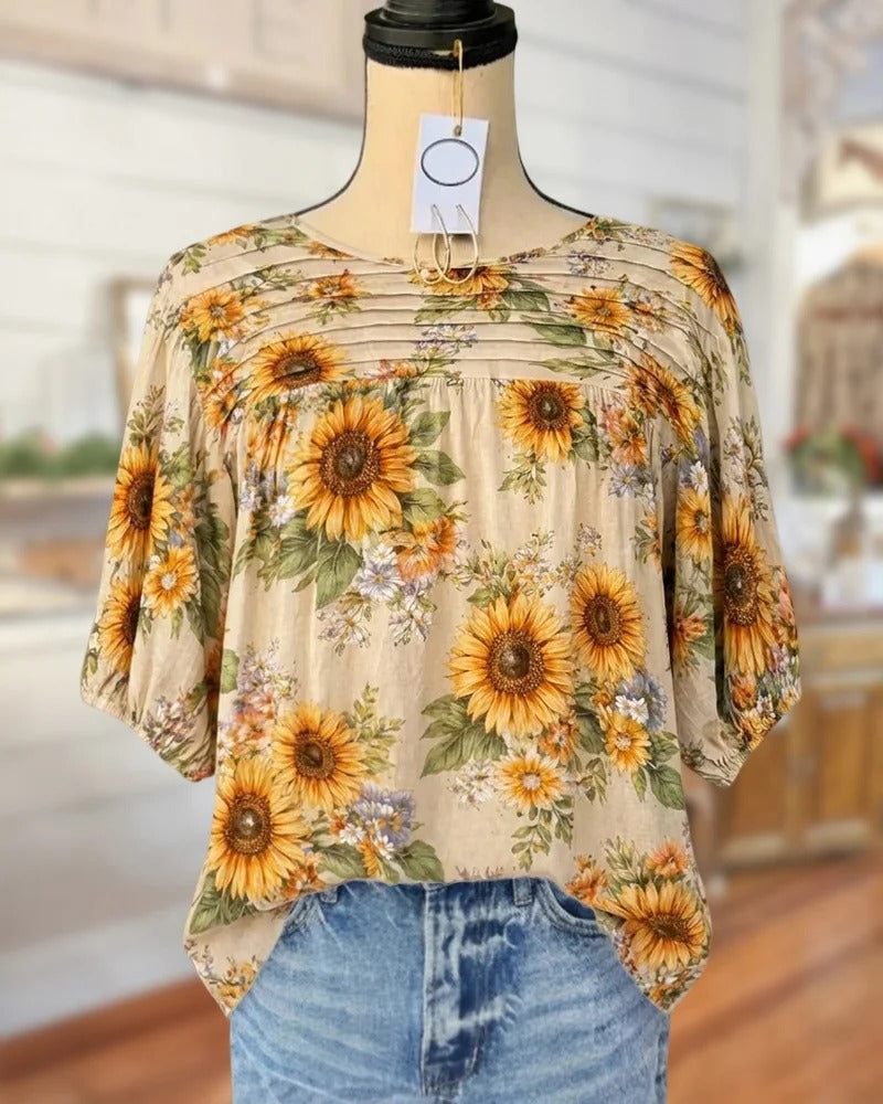 🔥🔥🔥Hot Sale 50% OFF Applique & Floral Print Pleated Detail Rocking Blouse