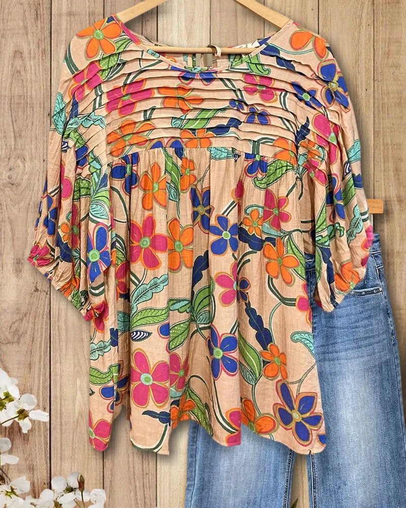 🔥🔥🔥Hot Sale 50% OFF Applique & Floral Print Pleated Detail Rocking Blouse